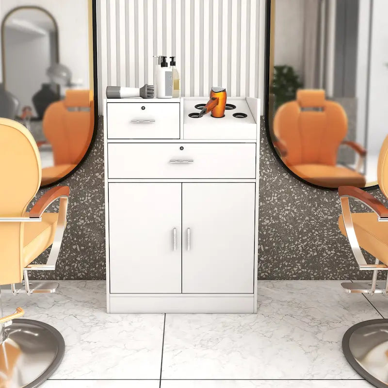 Armario de almacenamiento para salón de belleza con soporte para secador, 2 cajones y 1 armario
