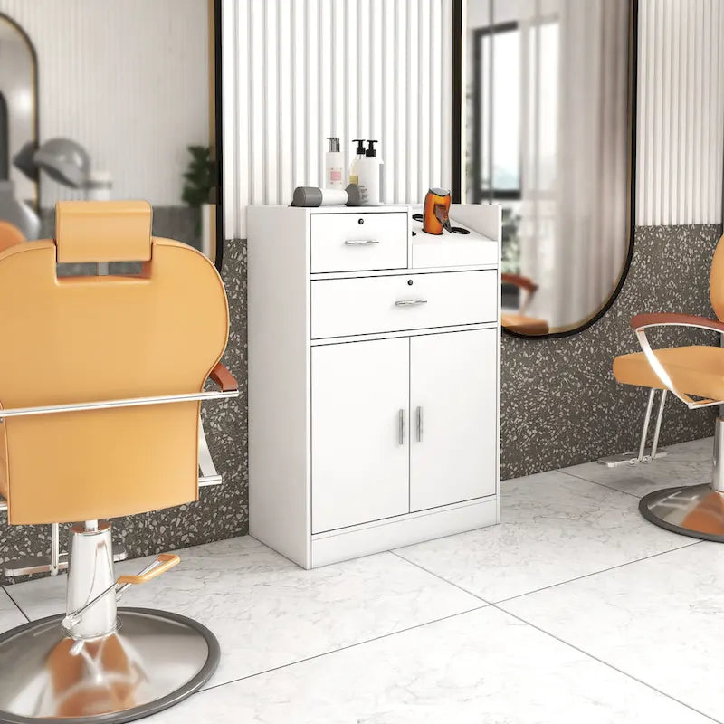 Armario de almacenamiento para salón de belleza con soporte para secador, 2 cajones y 1 armario