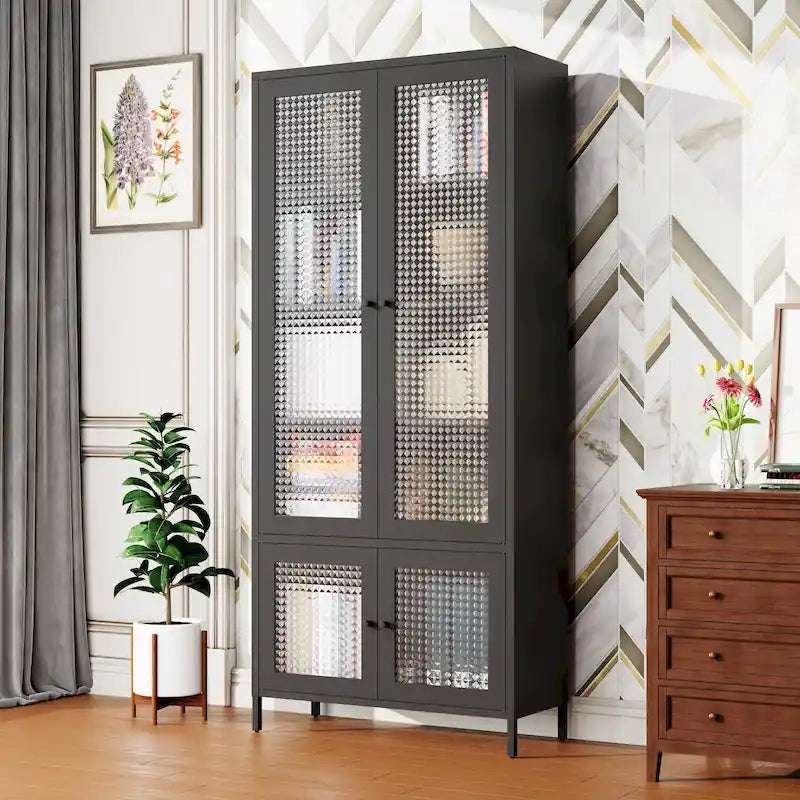 Mueble de almacenamiento metálico con puertas de vidrio y estantes ajustables