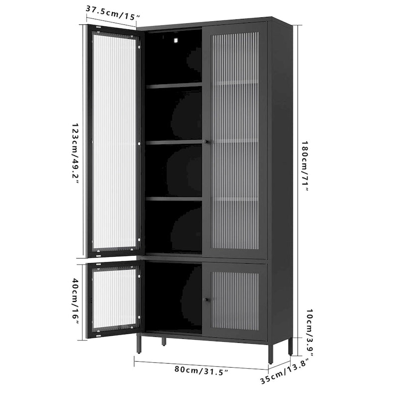 Metallschrank mit Glastüren und verstellbaren Einlegeböden
