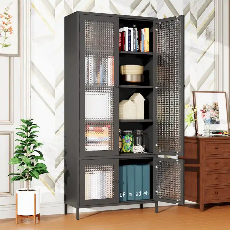 Metallschrank mit Glastüren und verstellbaren Einlegeböden