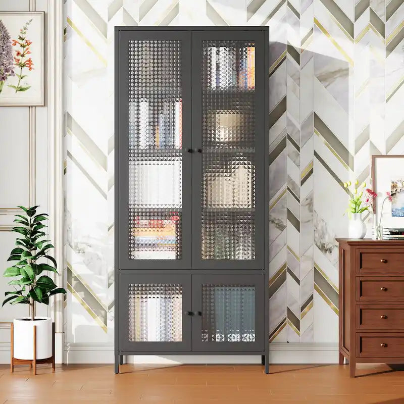 Metallschrank mit Glastüren und verstellbaren Einlegeböden
