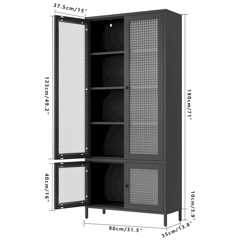 Metallschrank mit Glastüren und verstellbaren Einlegeböden