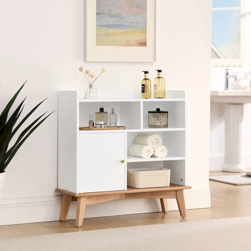 Mueble de almacenamiento con bloques de color y patas de madera maciza