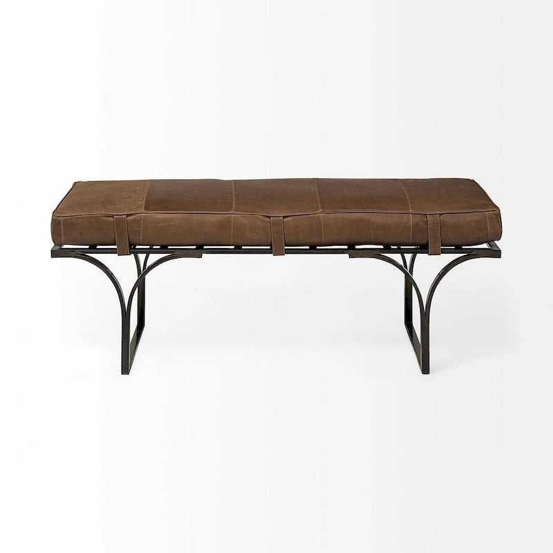 Banco tapizado de cuero genuino marrón y negro de 55"