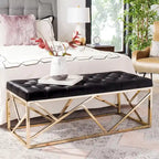 Panca rettangolare imbottita trapuntata in velluto nero con base dorata - 48.5"W x 20.3"D x 18"H