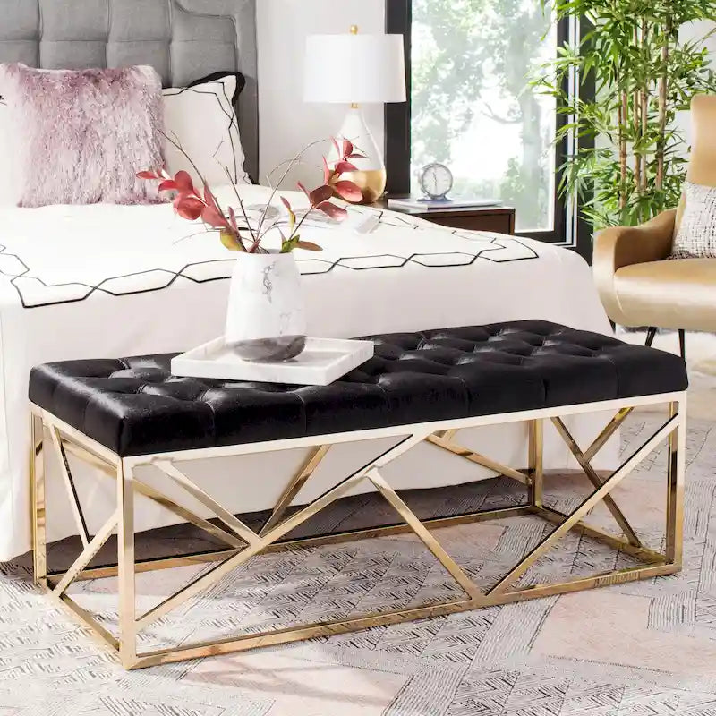 Banco rectangular de terciopelo negro capitonado con base dorada - 48.5"W x 20.3"D x 18"H