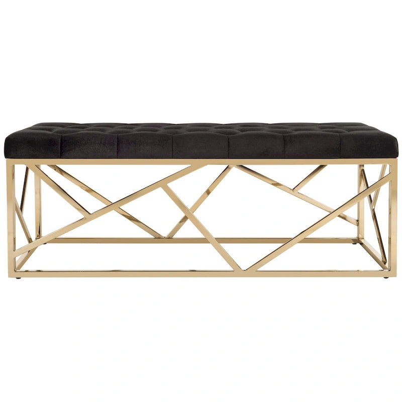 Banco rectangular de terciopelo negro capitonado con base dorada - 48.5"W x 20.3"D x 18"H