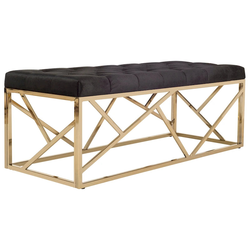 Panca rettangolare imbottita trapuntata in velluto nero con base dorata - 48.5"W x 20.3"D x 18"H