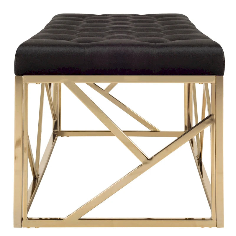 Panca rettangolare imbottita trapuntata in velluto nero con base dorata - 48.5"W x 20.3"D x 18"H