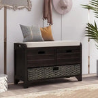 Grondin Retro Framhouse Style Entry Storage Shoe Bench with Padded Cushion, 2 Drawers and Removable Basket