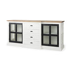 Aparador de madera maciza blanco con molduras negras y vitrinas - 75L x 20.8W x 34.3H