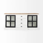 Aparador de madera maciza blanco con molduras negras y vitrinas - 75L x 20.8W x 34.3H
