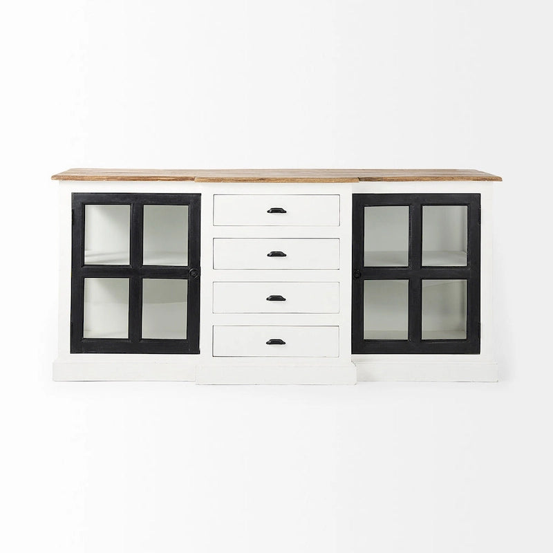 Aparador de madera maciza blanco con molduras negras y vitrinas - 75L x 20.8W x 34.3H