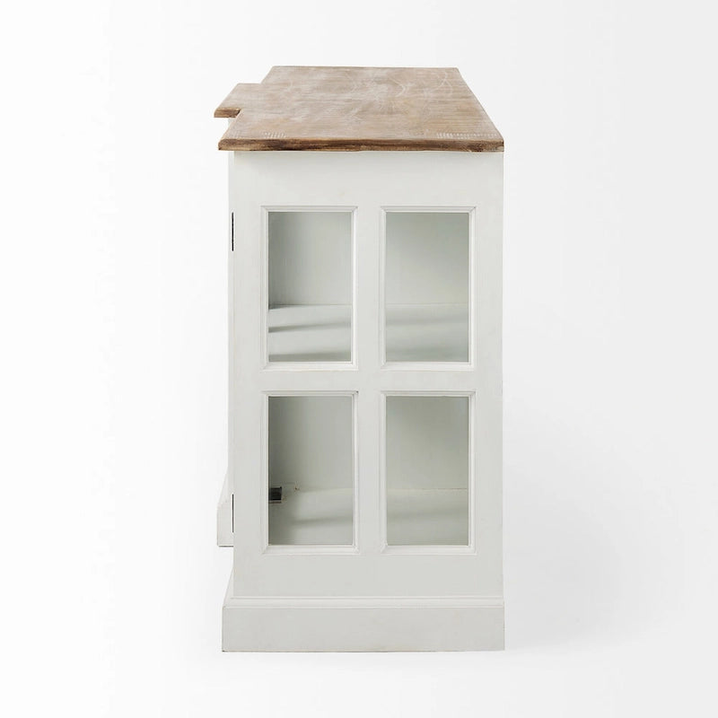 Aparador de madera maciza blanco con molduras negras y vitrinas - 75L x 20.8W x 34.3H