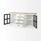 Aparador de madera maciza blanco con molduras negras y vitrinas - 75L x 20.8W x 34.3H