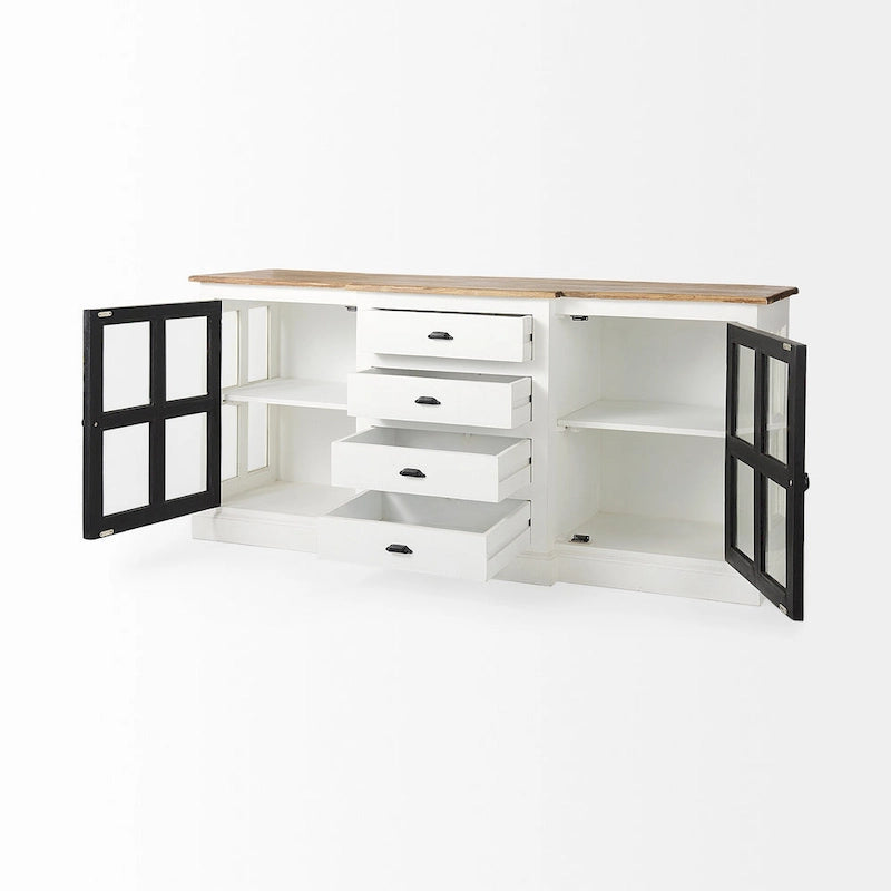 Aparador de madera maciza blanco con molduras negras y vitrinas - 75L x 20.8W x 34.3H