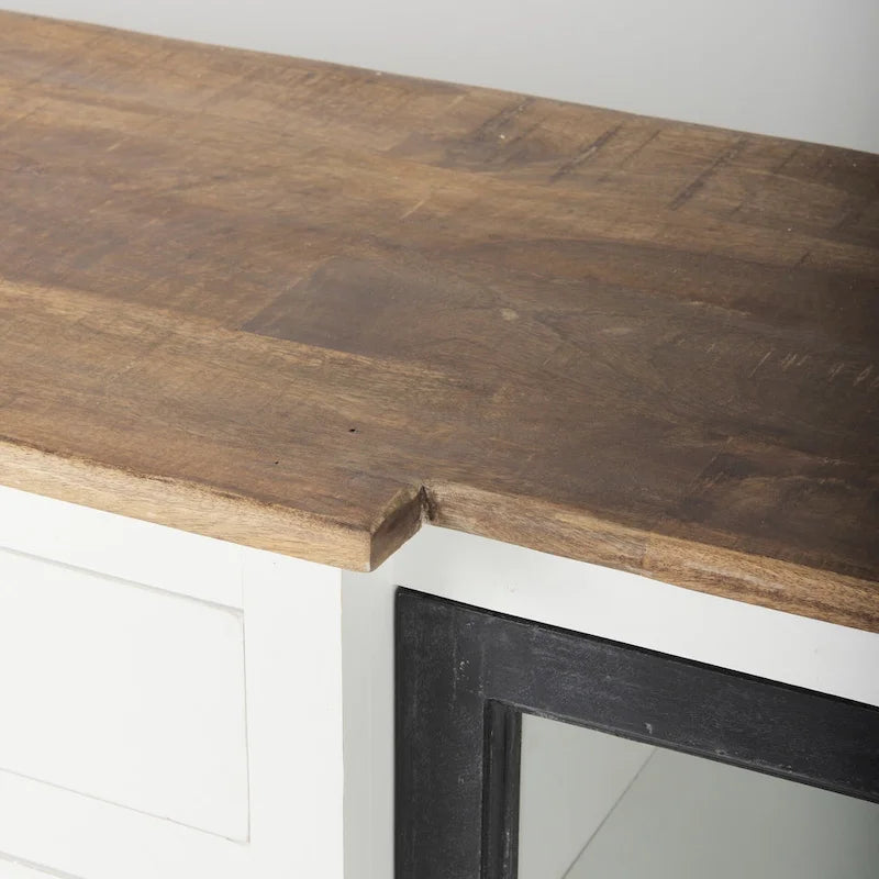 Aparador de madera maciza blanco con molduras negras y vitrinas - 75L x 20.8W x 34.3H