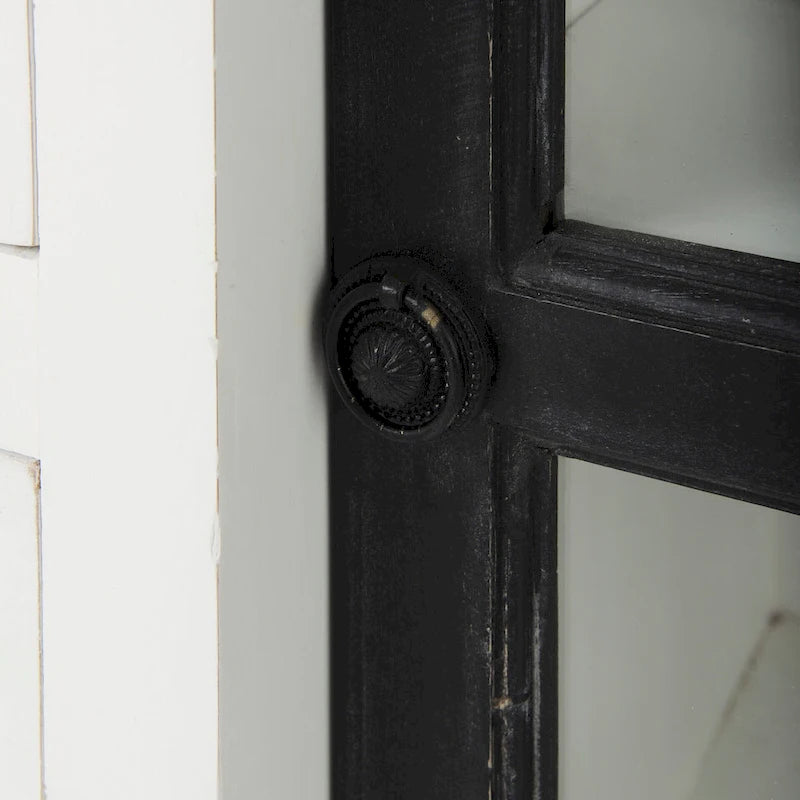 Aparador de madera maciza blanco con molduras negras y vitrinas - 75L x 20.8W x 34.3H