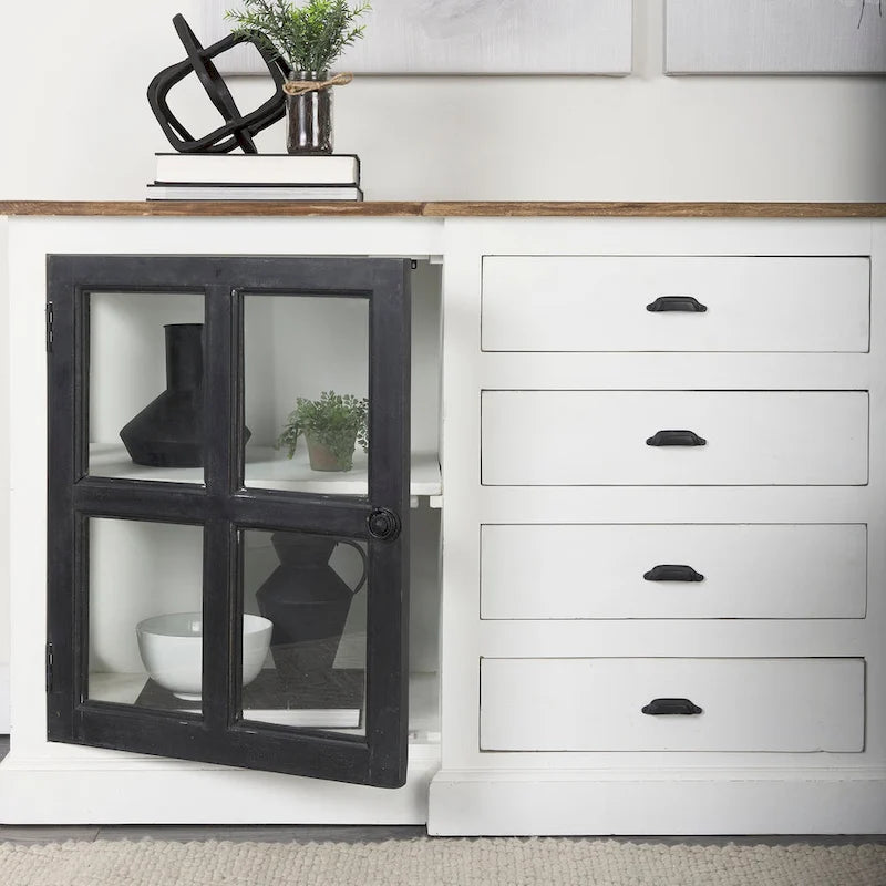 Aparador de madera maciza blanco con molduras negras y vitrinas - 75L x 20.8W x 34.3H