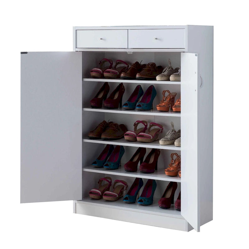 Zapatero de madera de 2 puertas con cajones - blanco