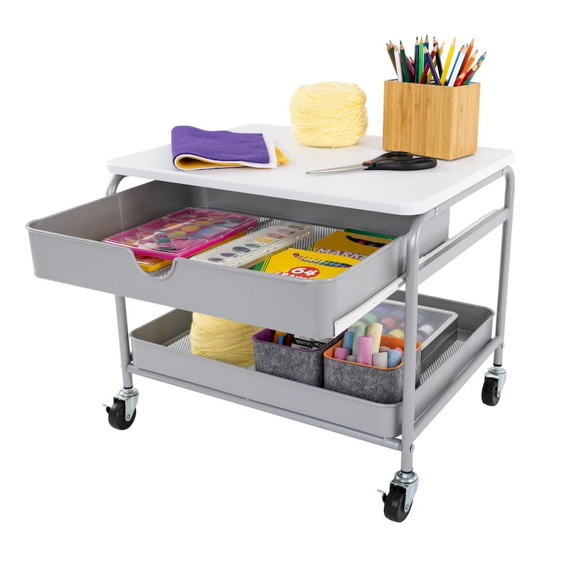 Carrito de almacenamiento e impresora para debajo del escritorio, plateado/blanco