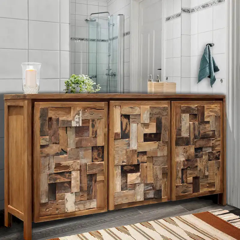 Badezimmer-Wäscheschrank aus recyceltem Teakholz mit 3 Türen