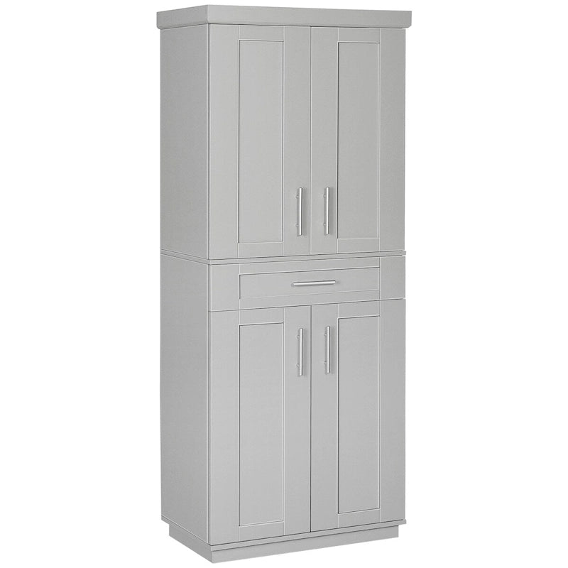 Despensa de cocina independiente con puertas, cajón y estantes ajustables, gris