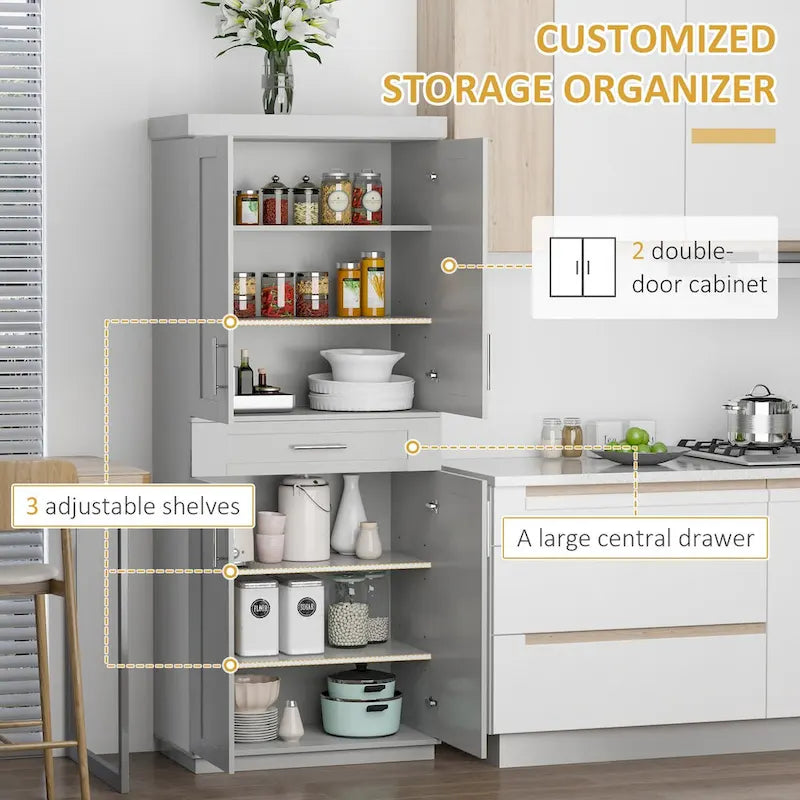 Despensa de cocina independiente con puertas, cajón y estantes ajustables, gris
