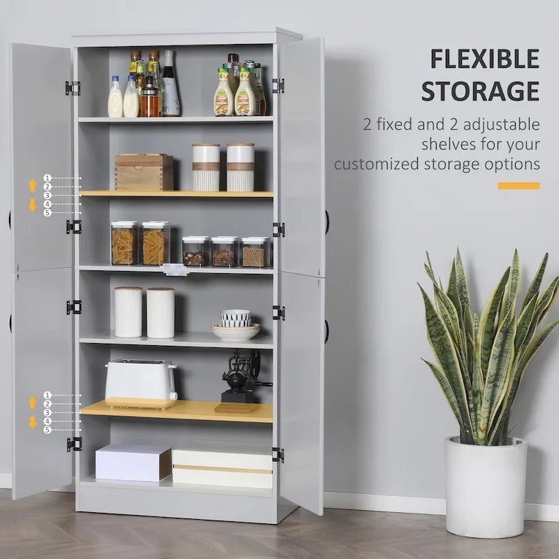Despensa de cocina independiente de 70 pulgadas con 4 puertas y estantes de 6 niveles, gris