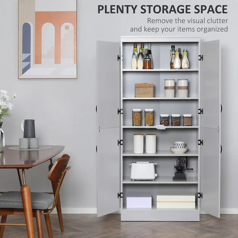 Despensa de cocina independiente de 70 pulgadas con 4 puertas y estantes de 6 niveles, gris