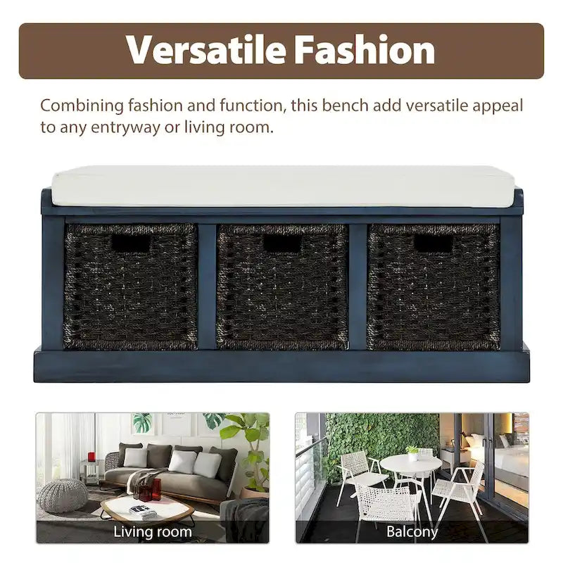 Banc de rangement avec paniers en rotin et coussin amovible
