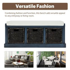 Banc de rangement avec paniers en rotin et coussin amovible