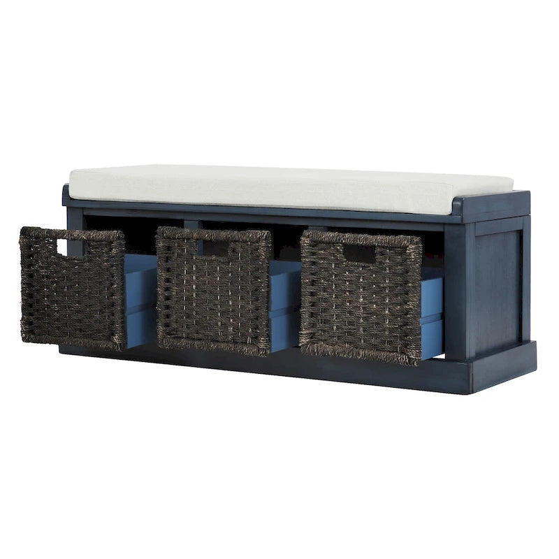 Banc de rangement avec paniers en rotin et coussin amovible
