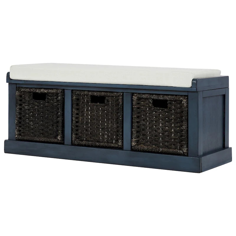 Banc de rangement avec paniers en rotin et coussin amovible