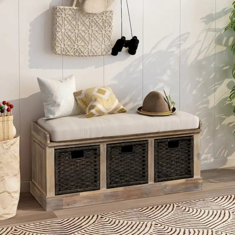 Banc de rangement avec paniers en rotin et coussin amovible