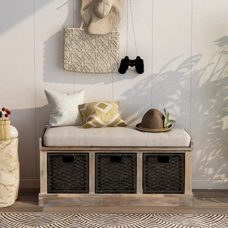 Banc de rangement avec paniers en rotin et coussin amovible