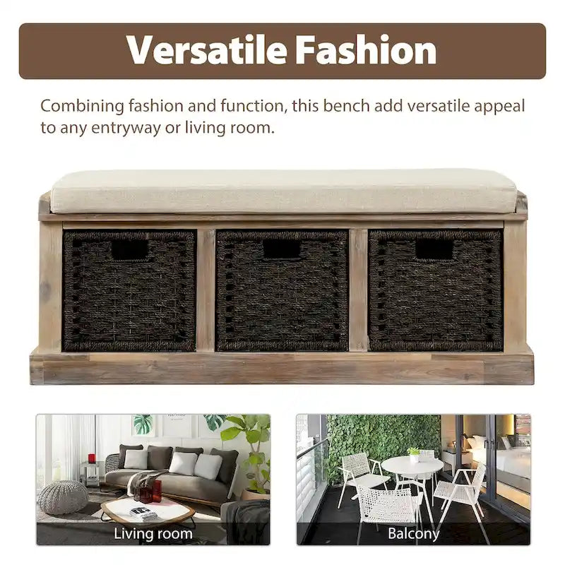Banc de rangement avec paniers en rotin et coussin amovible