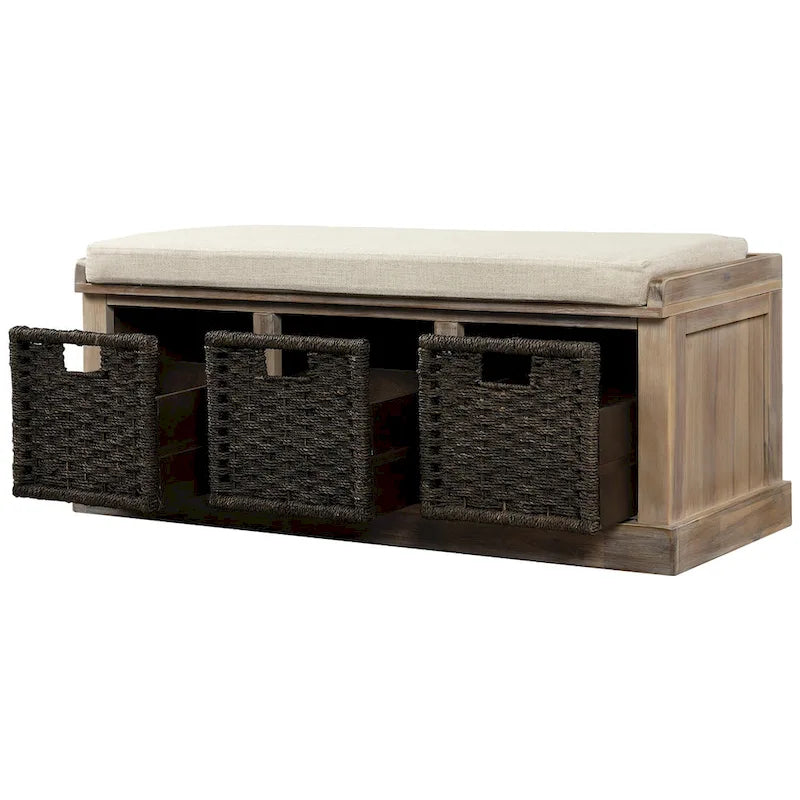 Banc de rangement avec paniers en rotin et coussin amovible