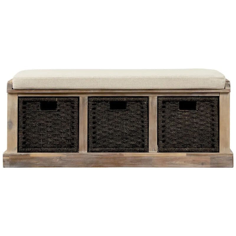 Banc de rangement avec paniers en rotin et coussin amovible