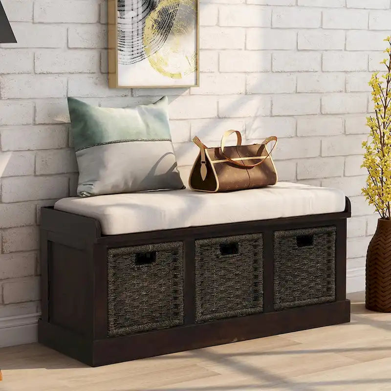 Banc de rangement avec paniers en rotin et coussin amovible