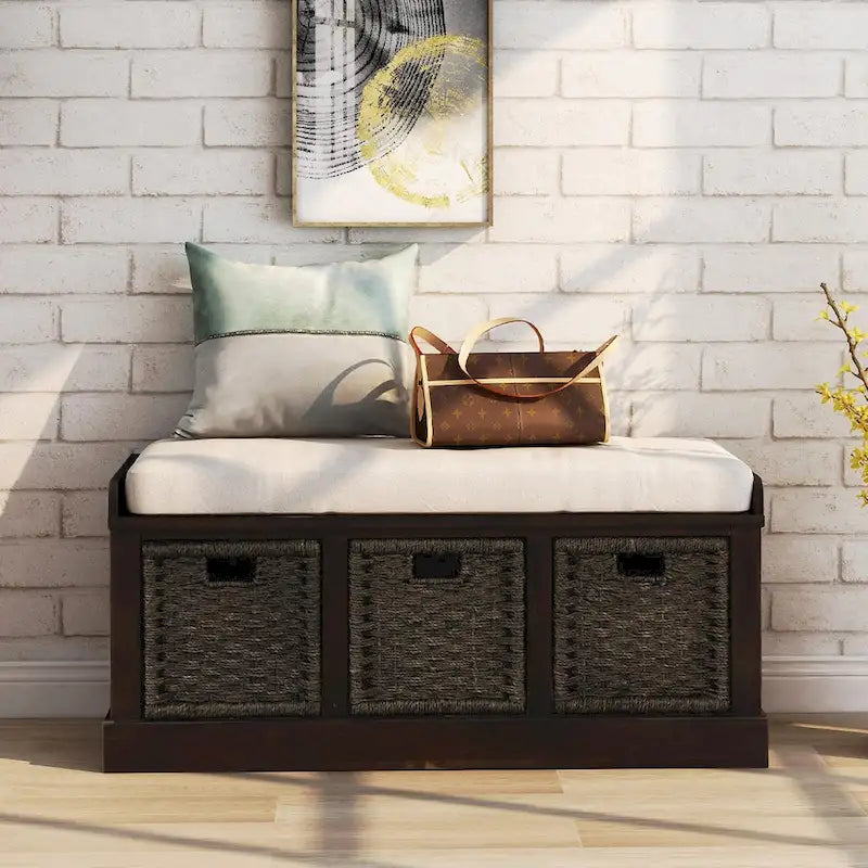 Banc de rangement avec paniers en rotin et coussin amovible