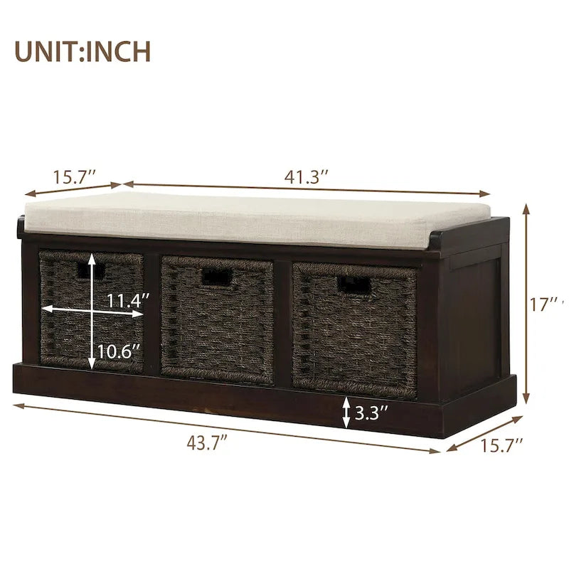 Banc de rangement avec paniers en rotin et coussin amovible
