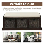 Banc de rangement avec paniers en rotin et coussin amovible