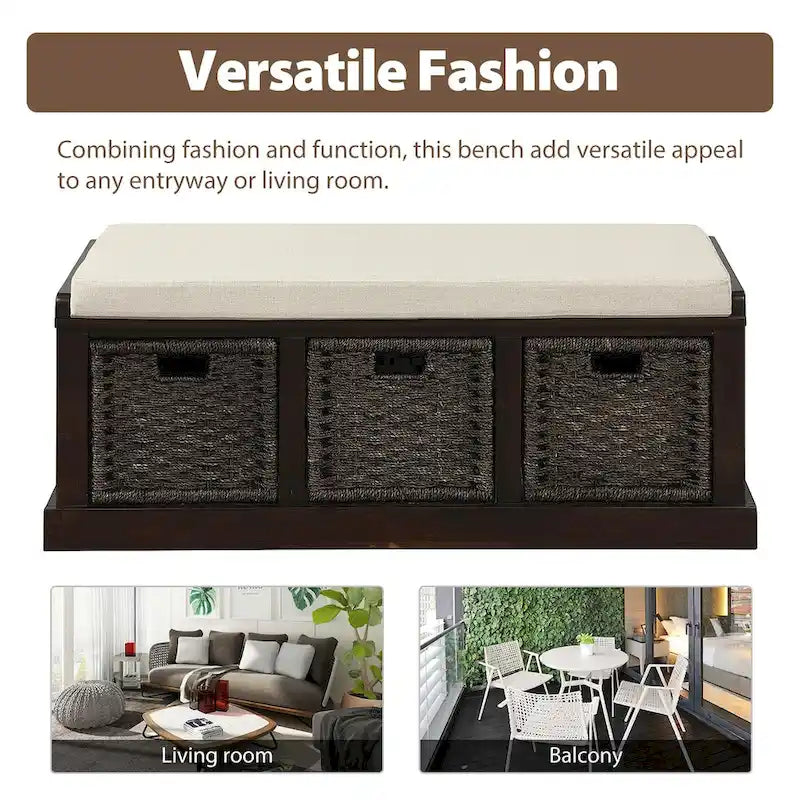 Banc de rangement avec paniers en rotin et coussin amovible
