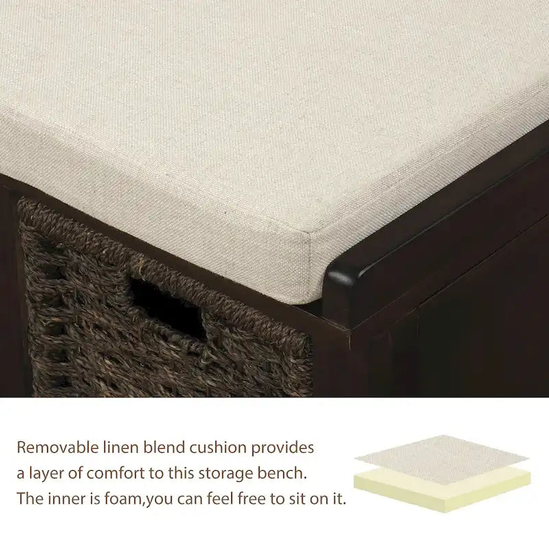 Banc de rangement avec paniers en rotin et coussin amovible