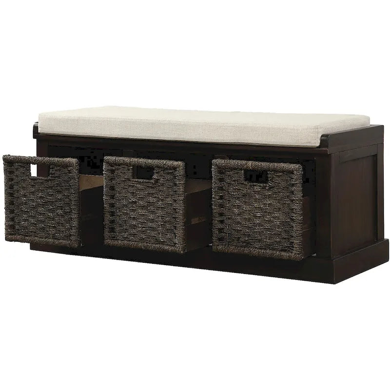 Banc de rangement avec paniers en rotin et coussin amovible