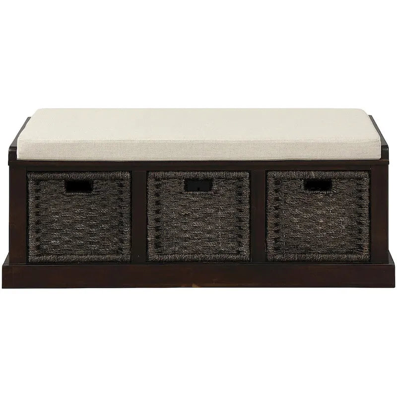 Banc de rangement avec paniers en rotin et coussin amovible