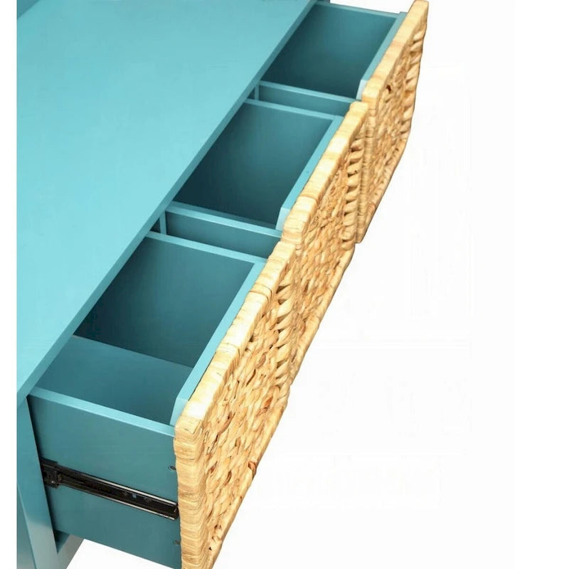 Panca contenitore in legno con cesti in rattan - blu