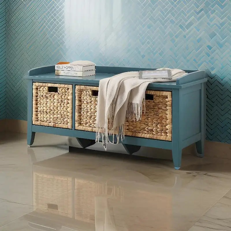 Panca contenitore in legno con cesti in rattan - blu